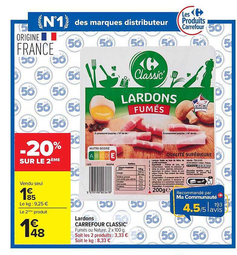 Lardons Carrefour Classic' Fumés ou Nature, 2 x 100 g