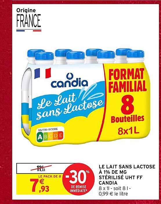 LE LAIT SANS LACTOSE À 1% DE MG STÉRILISÉ UHT FF CANDIA 8 x 1 l - soit 8 l - 0,99 € le litre