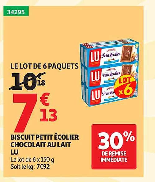 LE LOT DE 6 PAQUETS BISCUIT PETIT ÉCOLIER CHOCOLAT AU LAIT LU