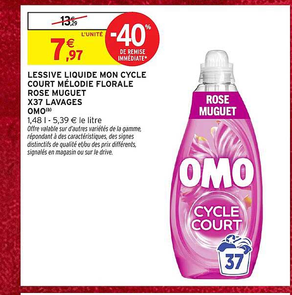 LESSIVE LIQUIDE MON CYCLE COURT MÉLODIE FLORALE ROSE MUGUET X37 LAVAGES OMO