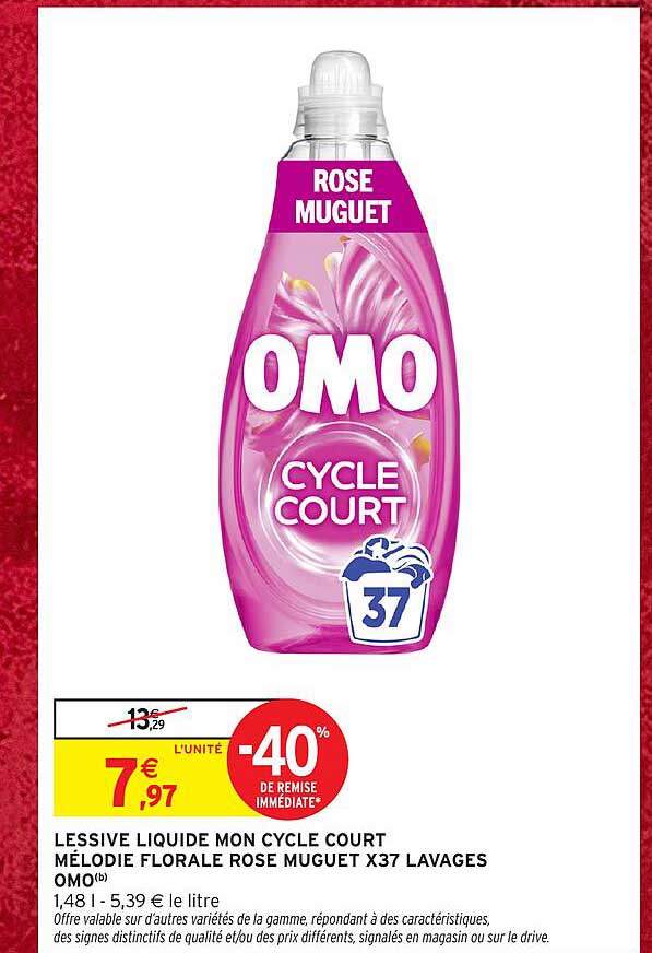 LESSIVE LIQUIDE MON CYCLE COURT MÉLODIE FLORALE ROSE MUGUET X37 LAVAGES OMO