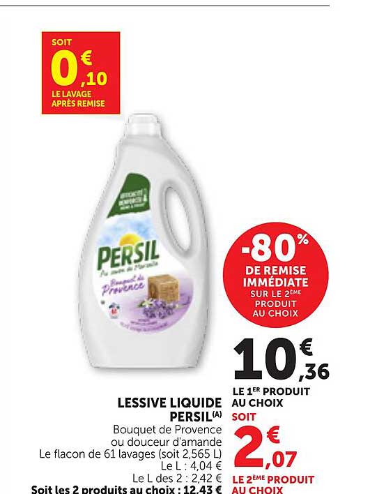 LESSIVE LIQUIDE PERSIL(A) Bouquet de Provence douceur d’amande Le flacon de 61 lavages (soit 2,565 L)