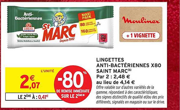 LINGETTES ANTI-BACTÉRIENNES X80 SAINT MARC(b)