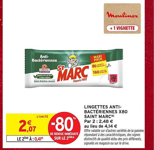 LINGETTES ANTI-BACTÉRIENNES X80 SAINT MARC(b) Par 2 : 2,48 € au lieu de 4,14 €