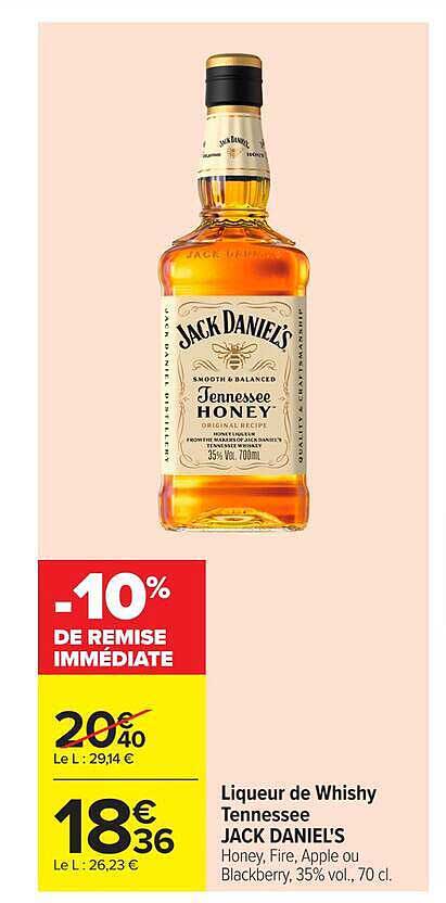 Liqueur de Whisky Tennessee JACK DANIEL'S Honey, Fire, Apple ou Blackberry 35% vol., 70 cl.