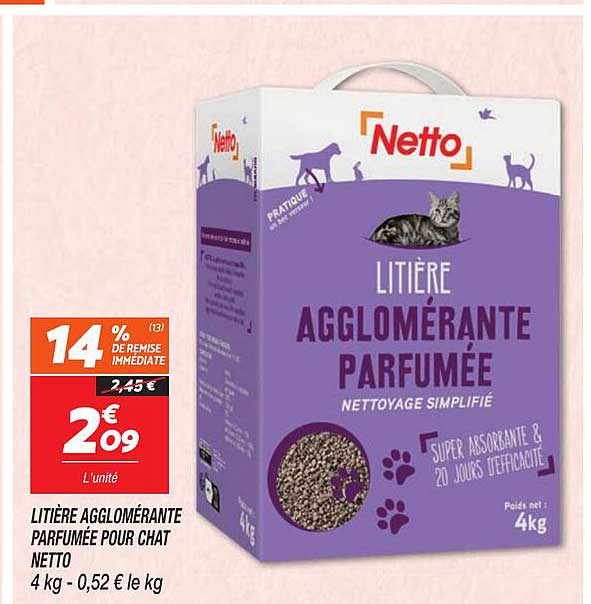 LITIÈRE AGGLOMÉRANTE PARFUMÉE POUR CHAT NETTO 4 kg - 0,52 € le kg
