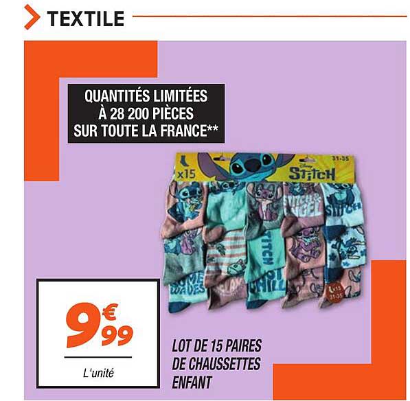 LOT DE 15 PAIRES DE CHAUSSETTES ENFANT