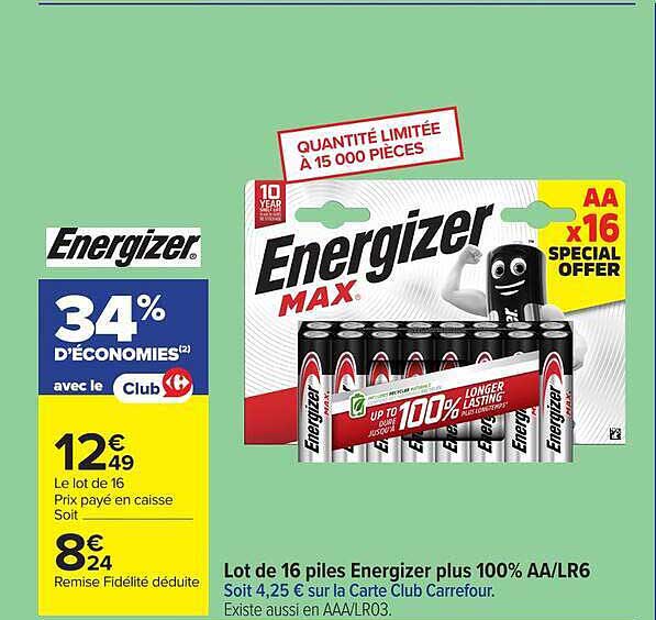 Lot de 16 piles Energizer plus 100% AA/LR6