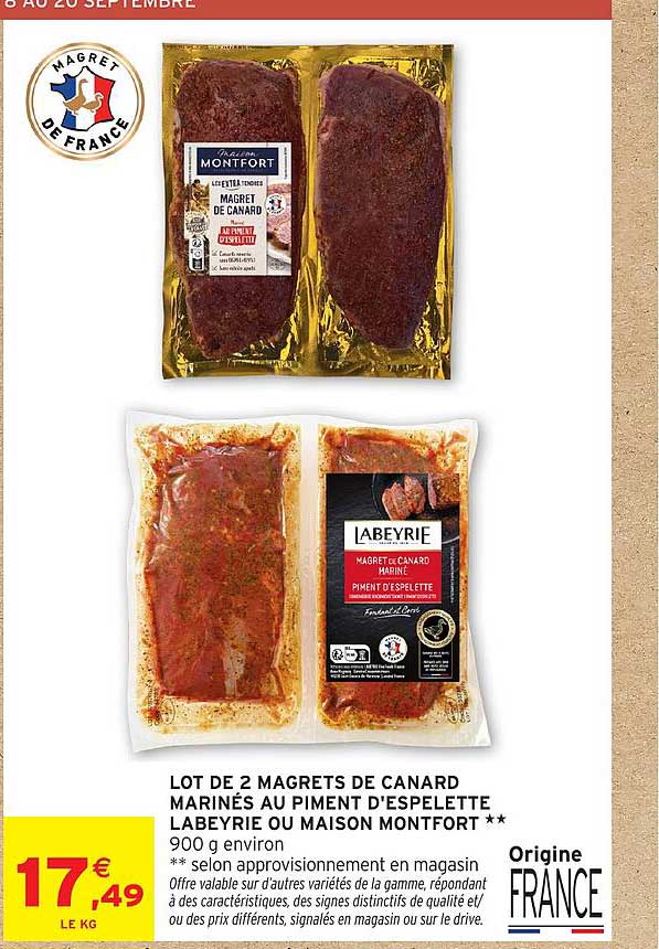 LOT DE 2 MAGRETS DE CANARD MARINÉS AU PIMENT D'ESPELETTE LABEYRIE OU MAISON MONFORT ** 900 g environ