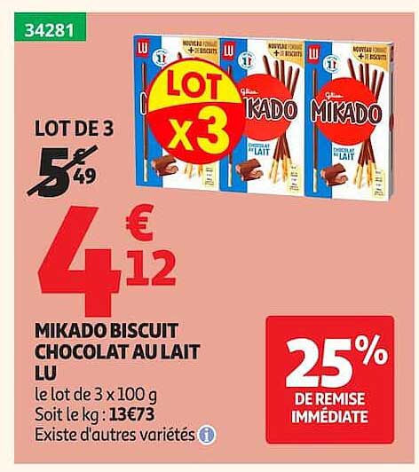 LOT DE 3 MIKADO BISCUIT CHOCOLAT AU LAIT LU