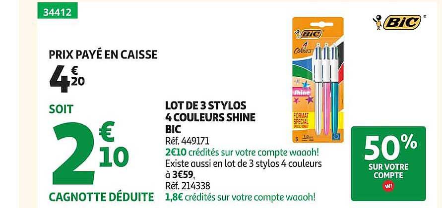 LOT DE 3 STYLOS 4 COULEURS SHINE BIC