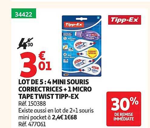 LOT DE 5 : 4 MINI SOURIS CORRECTRICES + 1 MICRO TAPE TWIST TIPP-EX