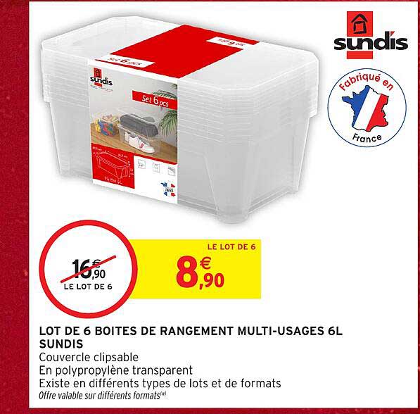 LOT DE 6 BOITES DE RANGEMENT MULTI-USAGES 6L SUNDIS