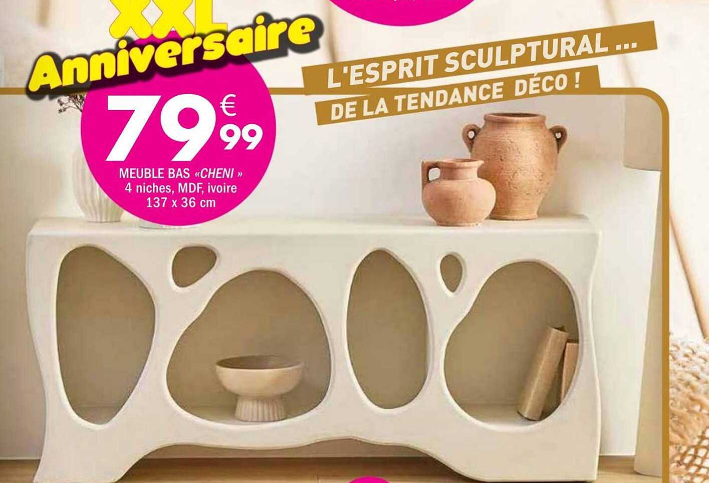 MEUBLE BAS «CHENI» 4 niches, MDF, ivoire 137 x 36 cm