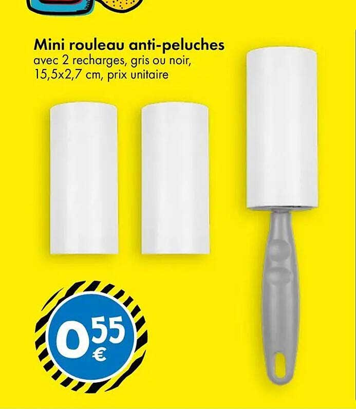 Mini rouleau anti-peluches avec 2 recharges, gris ou noir, 15,5x2,7 cm, prix unitaire