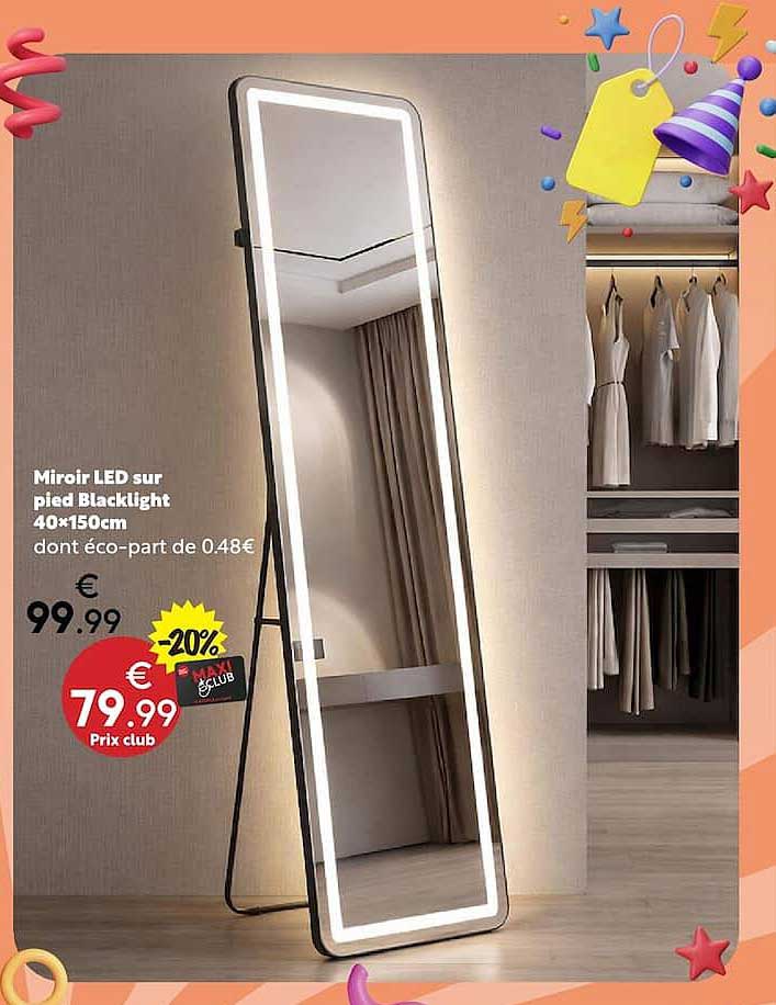 Miroir LED sur pied Blacklight 40*150cm dont éco-part de 0.48€