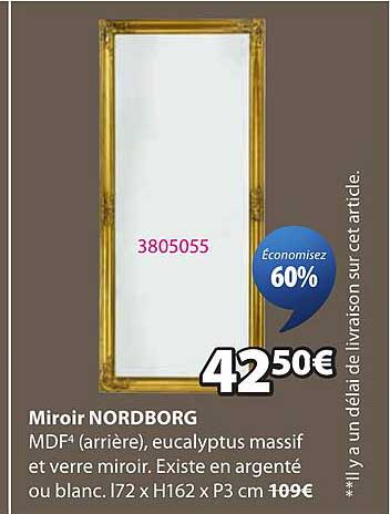 Miroir NORDBORG MDF4 (arrière), eucalyptus massif et verre miroir. Existe en argenté ou blanc. l72 x H162 x P3 cm