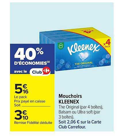 Mouchoirs KLEENEX The Original (par 4 boîtes), Balsam ou Ultra soft (par 3 boîtes)