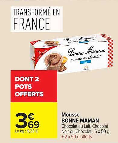 Mousse BONNE MAMAN Chocolat au Lait, Chocolat Noir ou Chocolat, 6 x 50 g + 2 x 50 g offerts