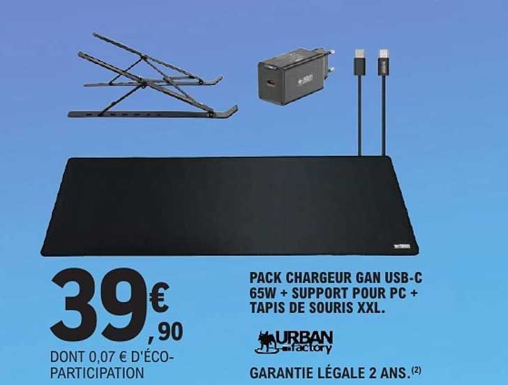 PACK CHARGEUR GAN USB-C 65W + SUPPORT POUR PC + TAPIS DE SOURIS XXL.