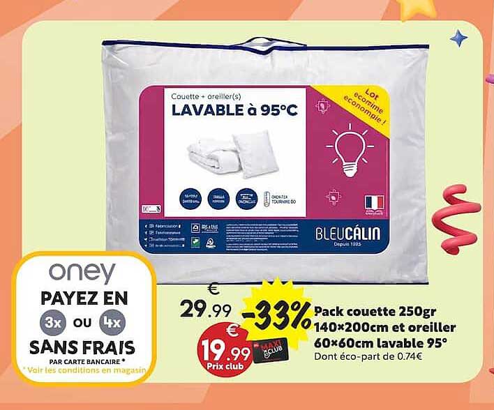 Pack couette 250gr 140×200cm et oreiller 60×60cm lavable 95°