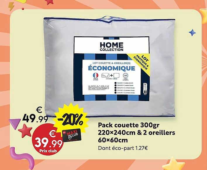 Pack couette 300gr 220×240cm & 2 oreillers 60×60cm