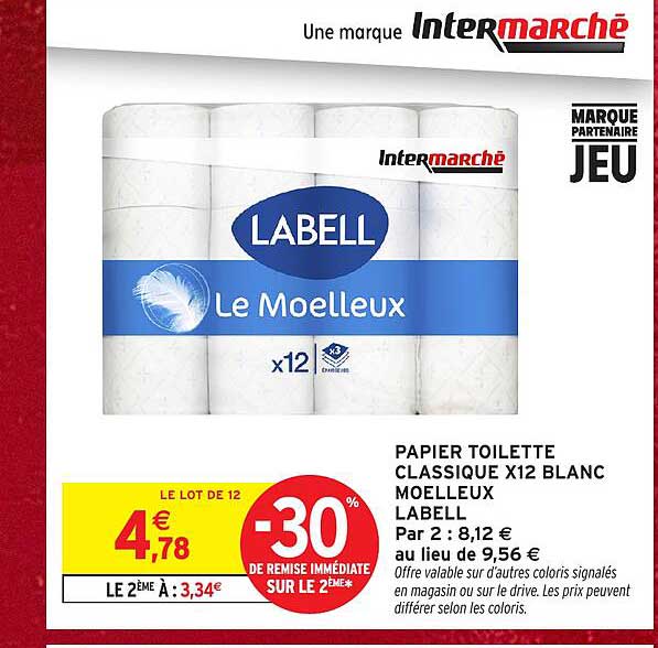 PAPIER TOILETTE CLASSIQUE X12 BLANC MOELLEUX LABELL