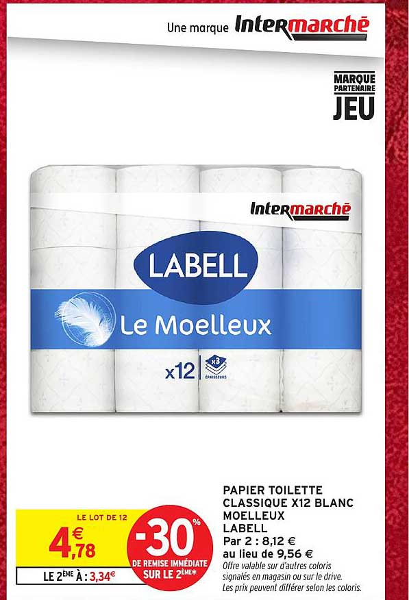 PAPIER TOILETTE CLASSIQUE X12 BLANC MOELLEUX LABELL