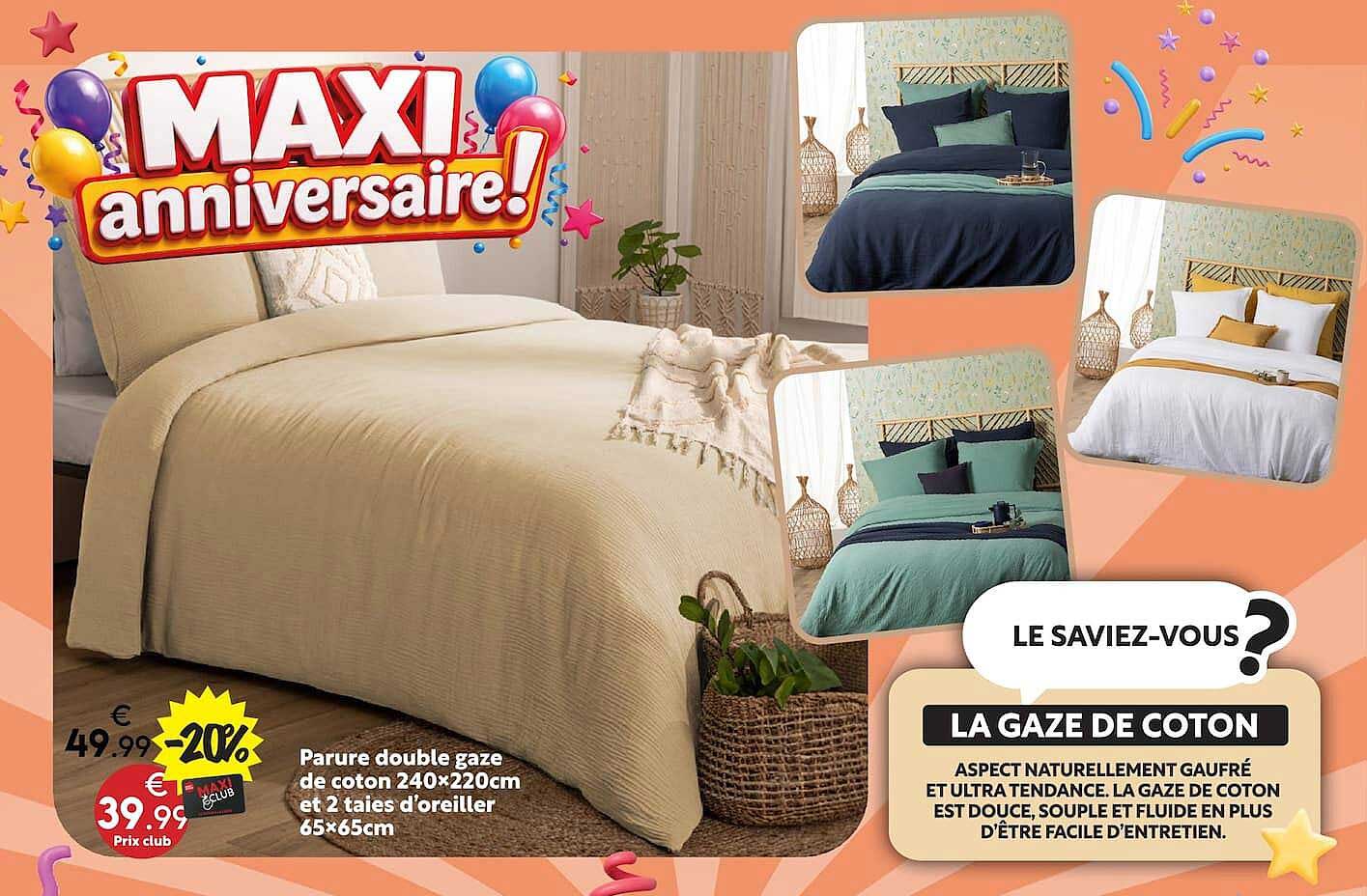 Parure double gaze de coton 240×220cm et 2 taies d’oreiller 65×65cm