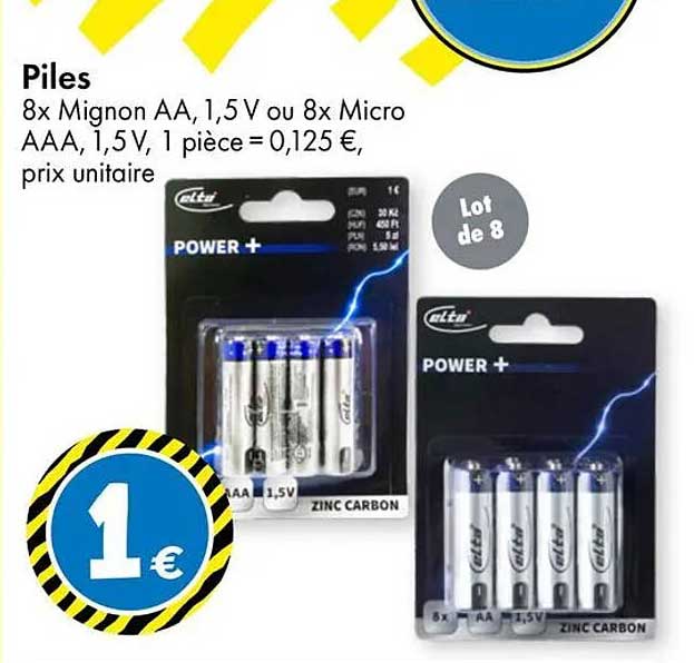 Piles 8x Mignon AA, 1,5 V ou 8x Micro AAA, 1,5 V, 1 pièce = 0,125 €, prix unitaire