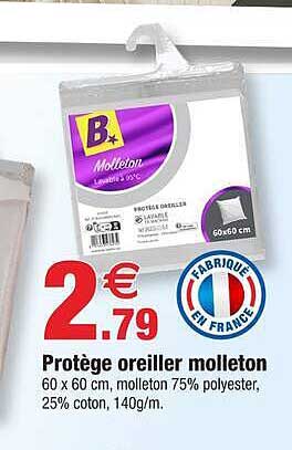 Protège oreiller molleton 60 x 60 cm, molleton 75% polyester, 25% coton, 140g/m.