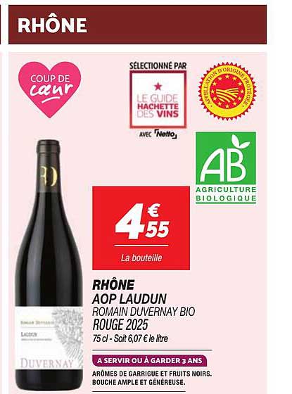 RHÔNE AOP LAUDUN ROMAIN DUVERNAY BIO ROUGE 2025 75 cl - Soit 6,07 € le litre