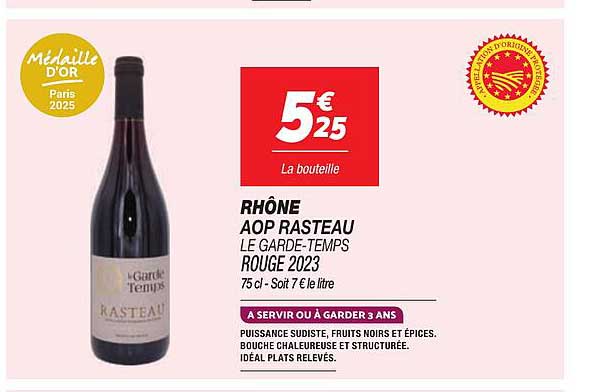 RHÔNE AOP RASTEAU LE GARDE-TEMPS ROUGE 2023 75 cl - Soit 7€ le litre