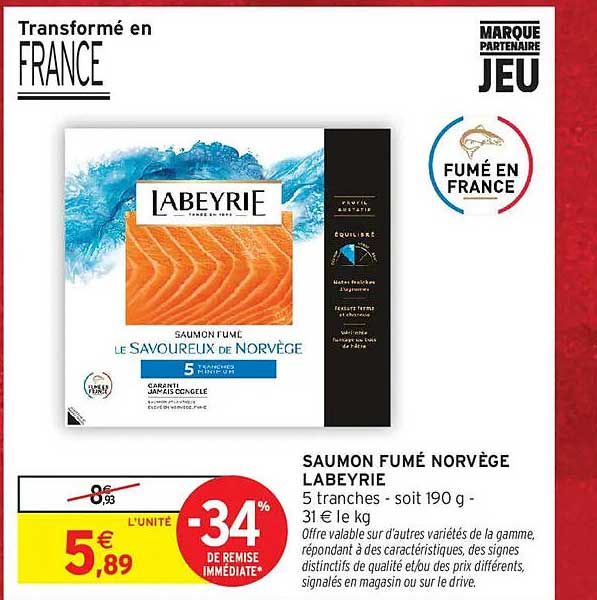SAUMON FUMÉ NORVÈGE LABEYRIE 5 tranches - soit 190 g - 31€ le kg