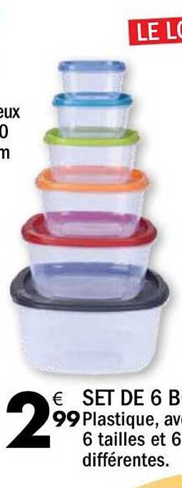 SET DE 6 BOÎTES Plastique, avec 6 tailles et 6 couvercles différentes.