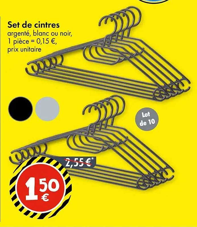 Set de cintres argenté, blanc ou noir, 1 pièce = 0,15 €, prix unitaire