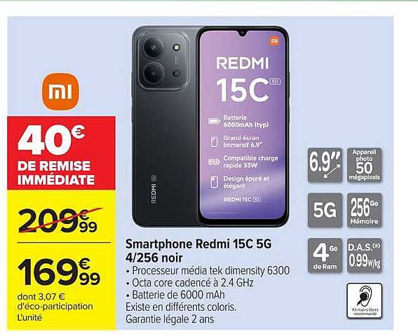 Smartphone Redmi 15C 5G 4/256 noir