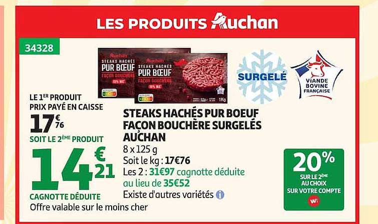 STEAKS HACHÉS PUR BŒUF FAÇON BOUCHÈRE SURGELÉS AUCHAN
