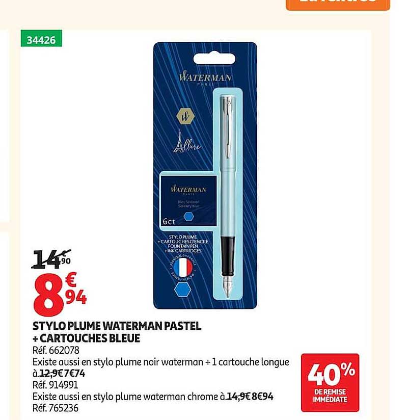 STYLO PLUME WATERMAN PASTEL + CARTOUCHES BLEUE