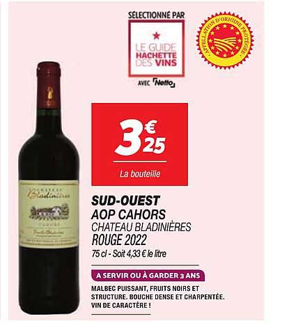 SUD-OUEST AOP CAHORS CHATEAU BLADINIERES ROUGE 2022