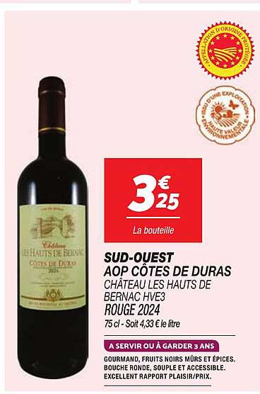 SUD-OUEST AOP CÔTES DE DURAS CHÂTEAU LES HAUTS DE BERNIAC HVE3 ROUGE 2024