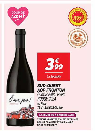 SUD-OUEST AOP FRONTON Ô MON PAYS ! HVE3 ROUGE 2024 ou Rosé