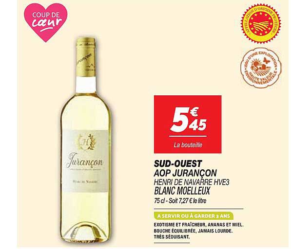 SUD-OUEST AOP JURANÇON HENRI DE NAVARRE HVE3 BLANC MOELLEUX