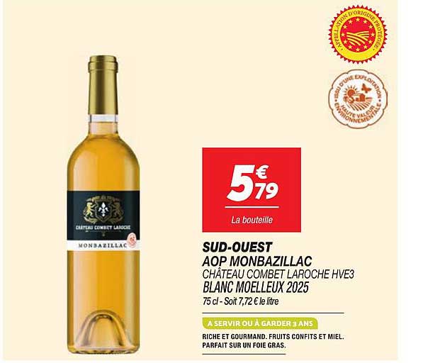 SUD-OUEST AOP MONBAZILLAC CHÂTEAU COMBET LAROCHE HVE3 BLANC MOELLEUX 2025