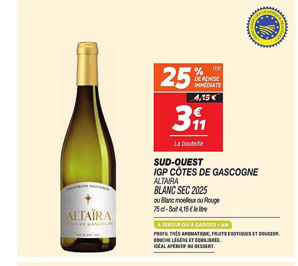 SUD-OUEST IGP CÔTES DE GASCOGNE ALTAÏRA BLANC SEC 2025