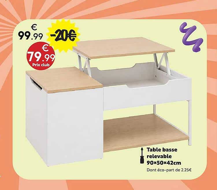 Table basse relevable 90×50×42cm
