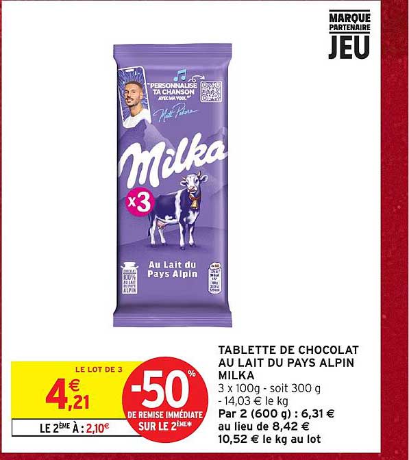 TABLETTE DE CHOCOLAT AU LAIT DU PAYS ALPIN MILKA