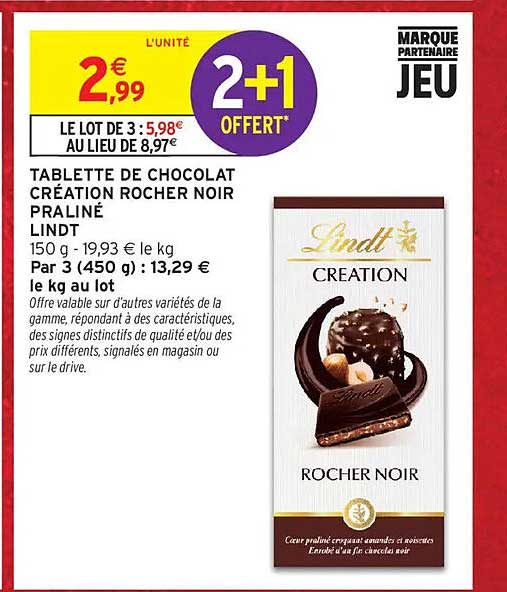 TABLETTE DE CHOCOLAT CRÉATION ROCHER NOIR PRALINÉ LINDT