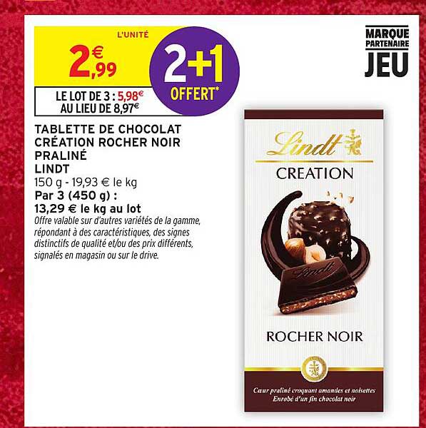 TABLETTE DE CHOCOLAT CRÉATION ROCHER NOIR PRALINÉ LINDT