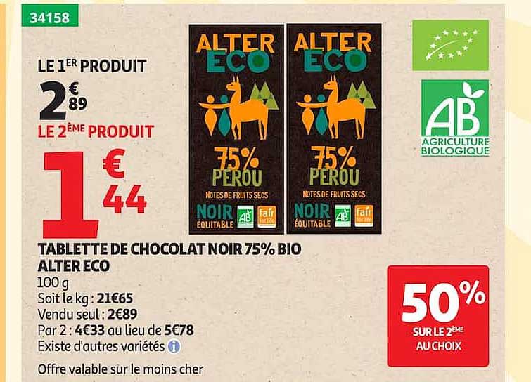 TABLETTE DE CHOCOLAT NOIR 75% BIO ALTER ECO